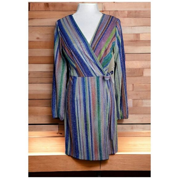 DREW Patsy Wrap Dress NWT $276 Multicolor Striped Metallic Women's Size Small - Picture 1 of 10